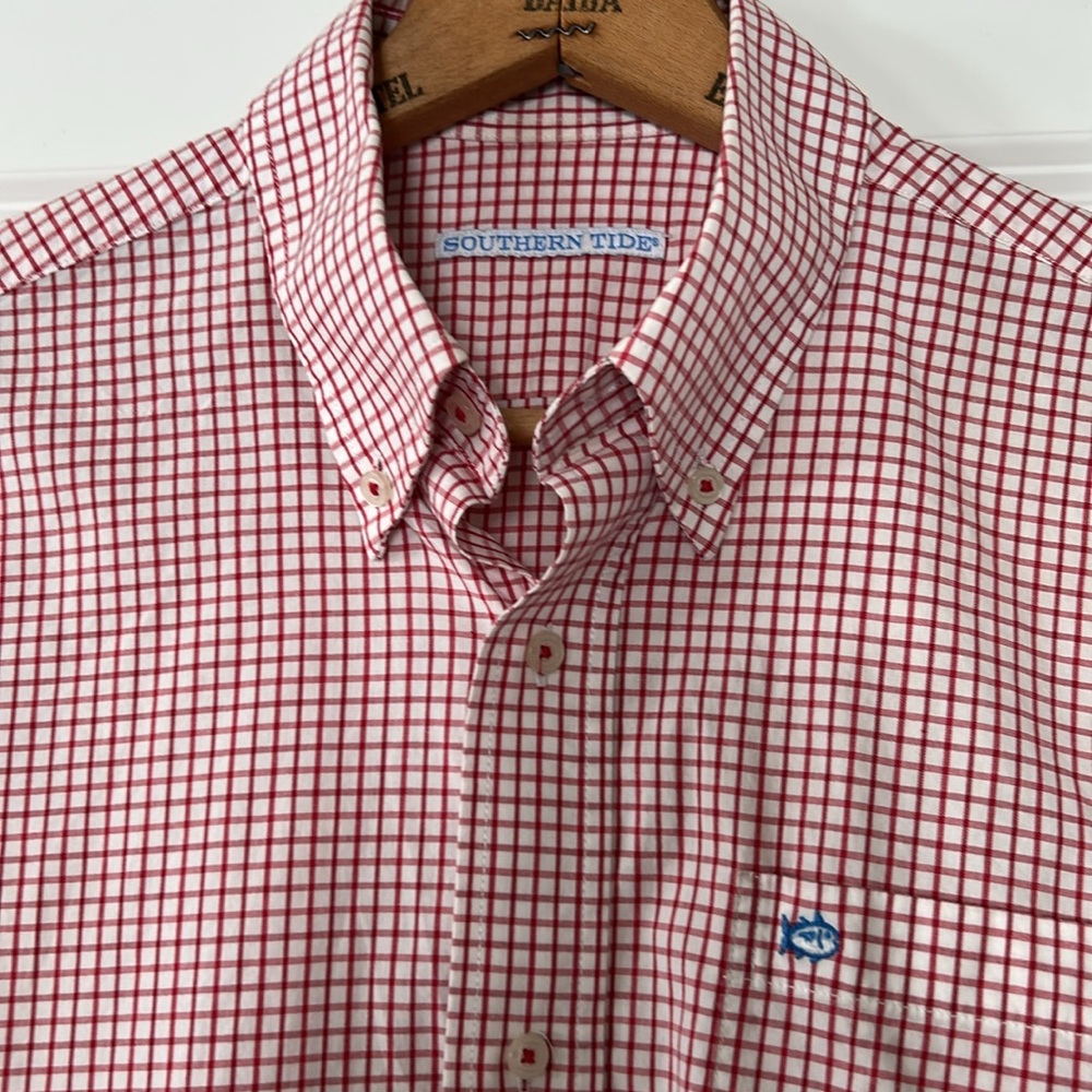 Southern Tide Tattersall Sport Long Sleeve Button Down Shirt Red & White Medium